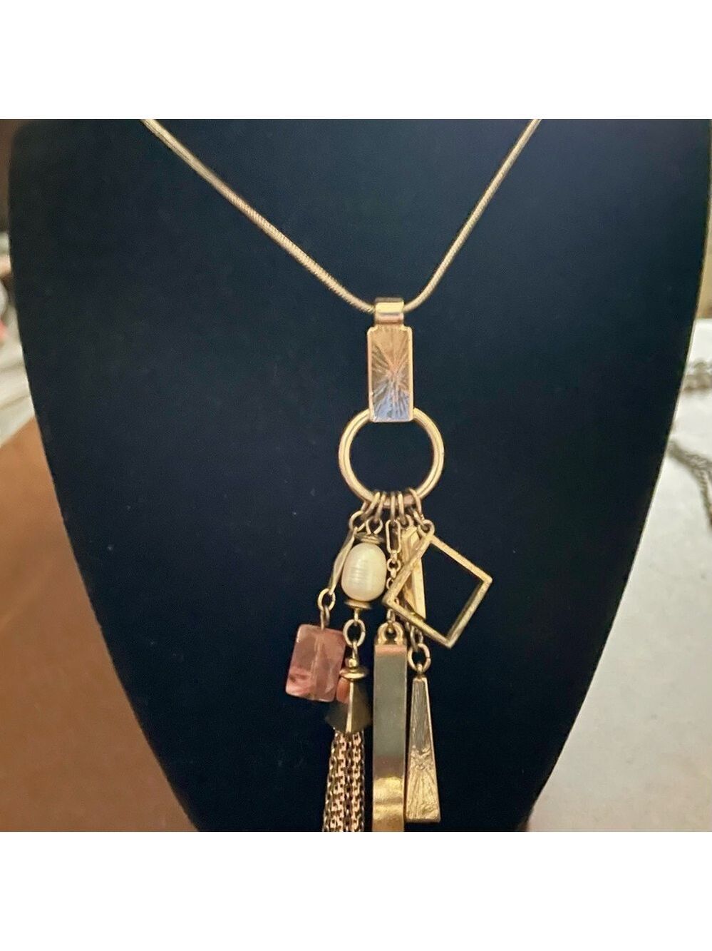White House Black Market Gold Charm Necklace, Pink Pendant 5 Charm Necklace.